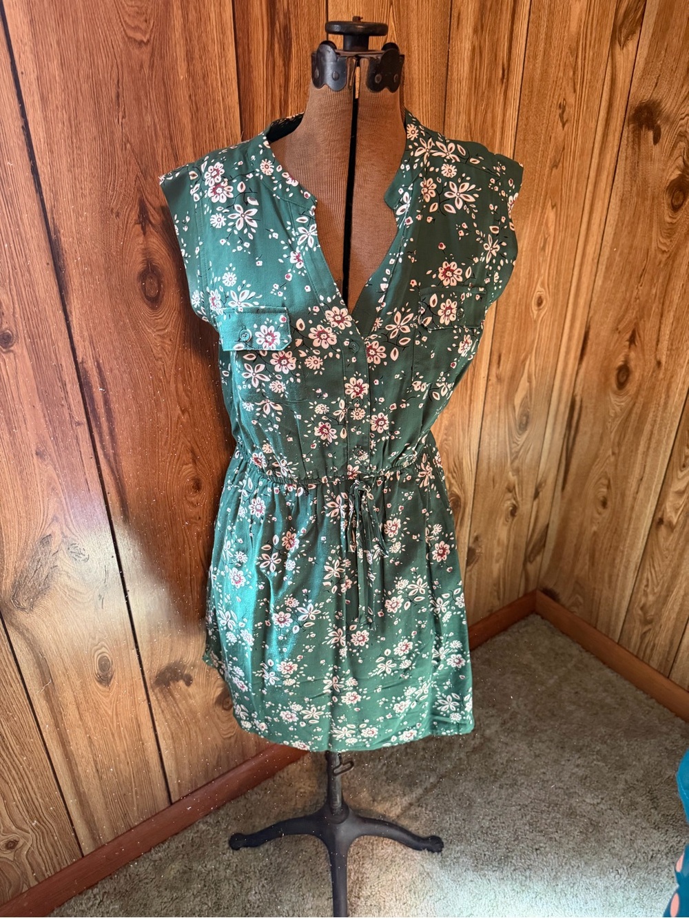 Sunny Girl  Modcloth Green Floral Sleeveless Drawstring Mini Dress